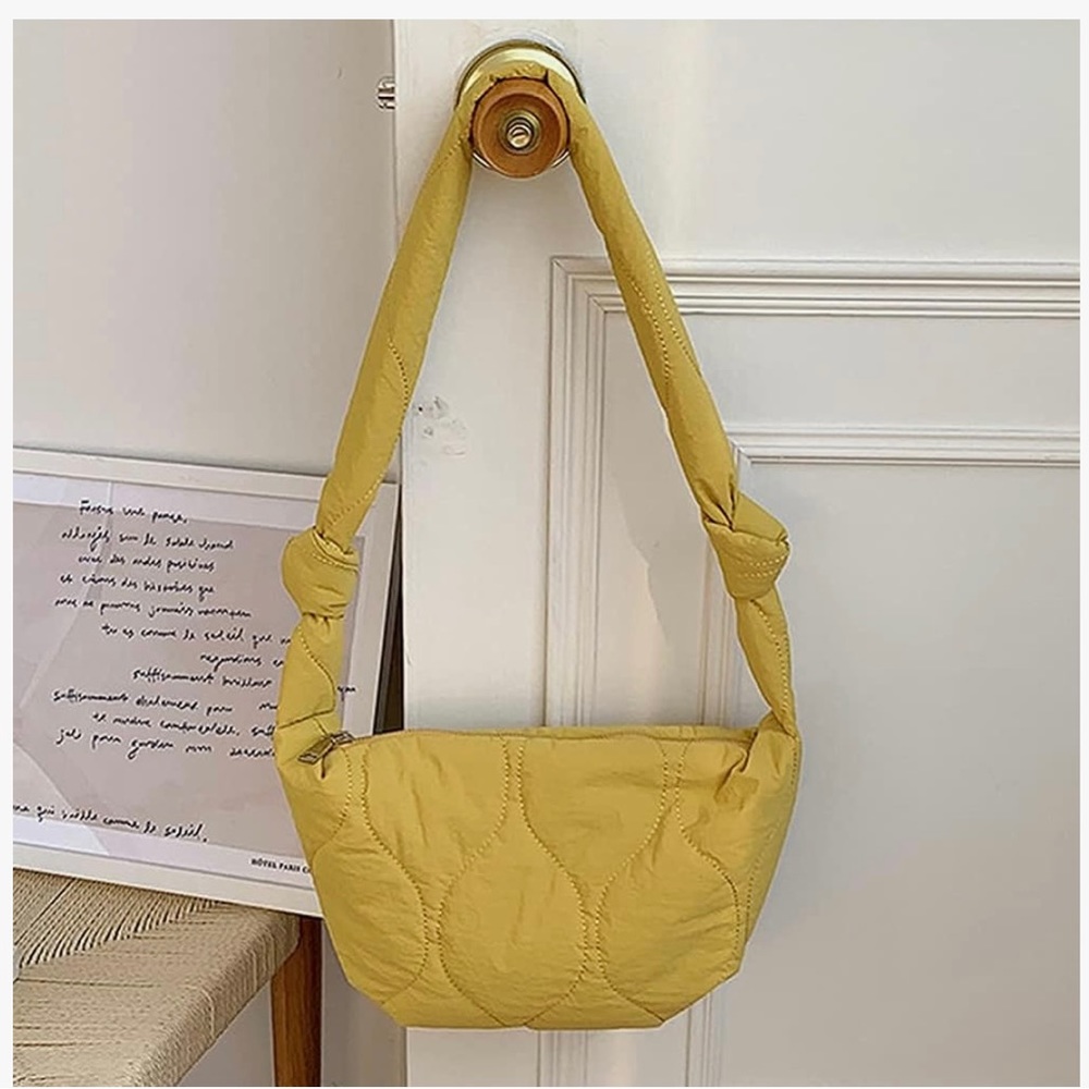 Quilted yellow puffer shoulder bag tote